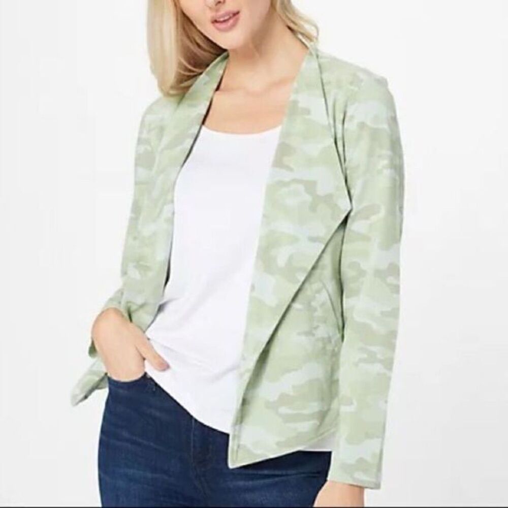 Susan Graver Weekend Camo Open Front Jacket Women’s XL Green Lightweight Cardiga